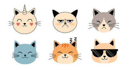 Obraz premium A collection of six different cartoon cat faces showing various emotions and expressions.