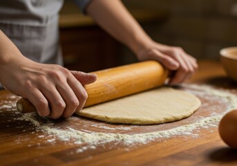 Hands rolling out dough with a rolling pin on a wooden surface.