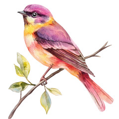 Watercolor painting of a vibrant bird perched on a branch isolated on transparent background, displaying a mix of purple, pink, and yellow hues in its plumage