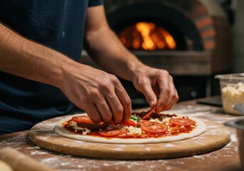 Chef adding toppings to a pizza before baking in a wood-fired oven.