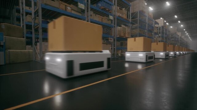 Autonomous Delivery Robots Working In A Modern Warehouse