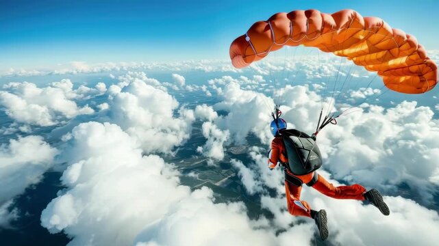 Dynamic aerial video shot of a skydiver in an orange suit gliding through clouds, captured from a high-angle perspective against a vivid blue sky.