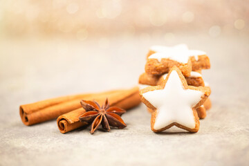 Cinnamon stars, Zimtsterne traditional german christmas cookies, gingerbread with anise spice for winter holidays 
