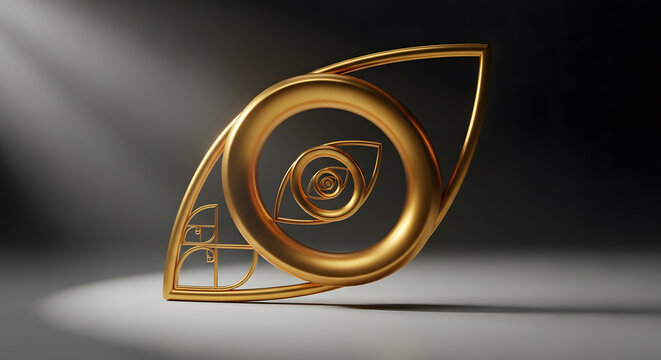 Golden abstract sculpture with concentric rings and light rays - Powered by Adobe