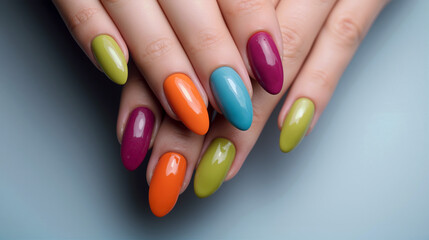 Colorful manicure showcasing a vibrant mix of shades on well-groomed hands resting on a smooth surface