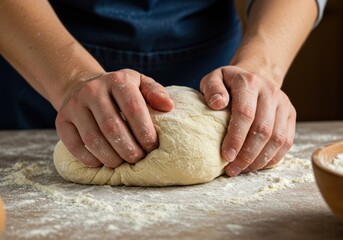 Hands kneading dough on a wooden surface