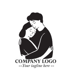 Black and White Couple Woman and Man Hug Together Silhouette Illustration in Minimalist Vector Style