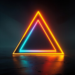 Unique neon geometric shapes create a vibrant glow in a dark space at night