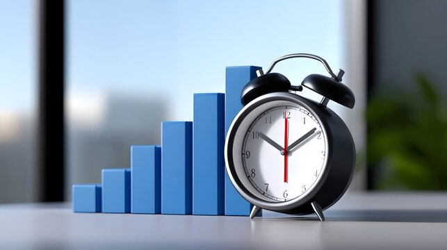 A black alarm clock sits in front of a blue bar graph, representing data, analytics, and financial performance indicators in a professional office setting.
