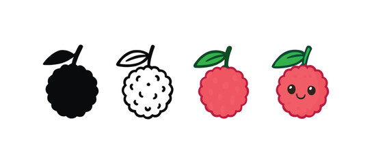 Vector icon lychee four styles black solid glyph outline minimal flat multicolor filled cartoon flat shaded.