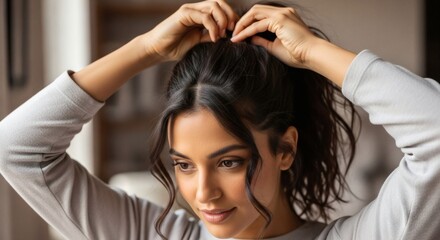 Fototapeta premium Woman arranging her dark hair into a ponytail