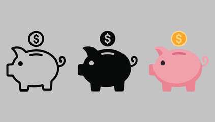 Three piggy banks saving money one coin falling into pink piggy bank