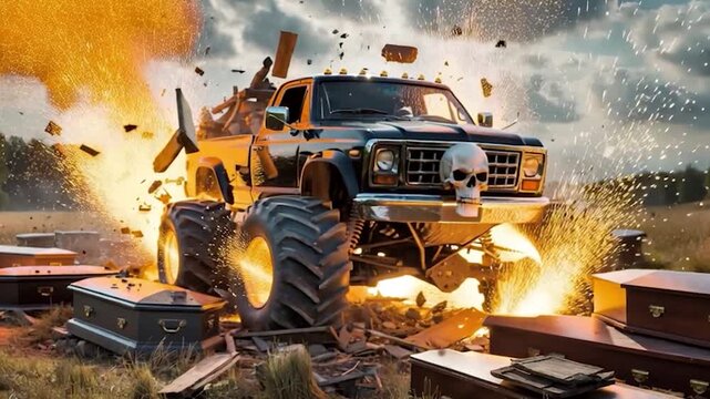 Monster Truck Demolition Derby: Coffin Chaos and Explosive Action in Rural Field