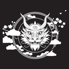 Illustration of a head of a DRAGON Is white on black background and enclosed in a circle with appropriate Asian elements 