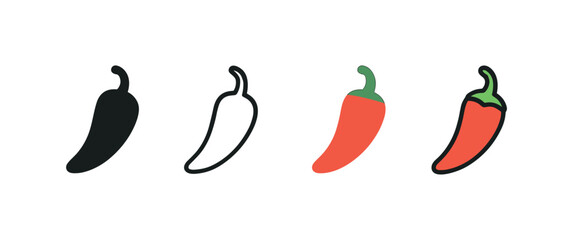 Vector icon chili pepper four styles black solid glyph outline minimal flat multicolor filled cartoon flat shaded.