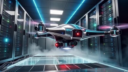 A futuristic surveillance drone hovers inside a server room, monitoring advanced technology systems - Powered by Adobe