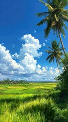 Lush green rice fields under bright blue sky with fluffy white clouds and palm trees