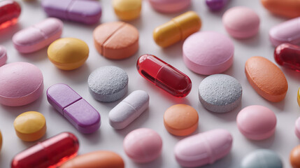 Colorful assortment of pills arranged on a white surface in a flat lay style for health and wellness concept