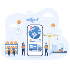 Global logistics and shipping management on a mobile application screen, showing transportation by truck, plane, and sea, symbolizing worldwide delivery, tracking, and e-commerce services.