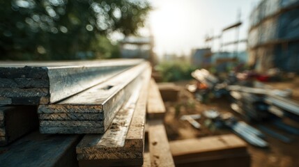 Obraz premium Focused frame on a stack of recycled metal beams at a green building site with outoffocus tools and ecoconscious construction activity.