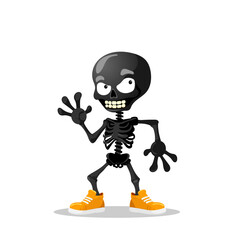 Black Halloween skeleton in orange sneakers happy halloween character flat style