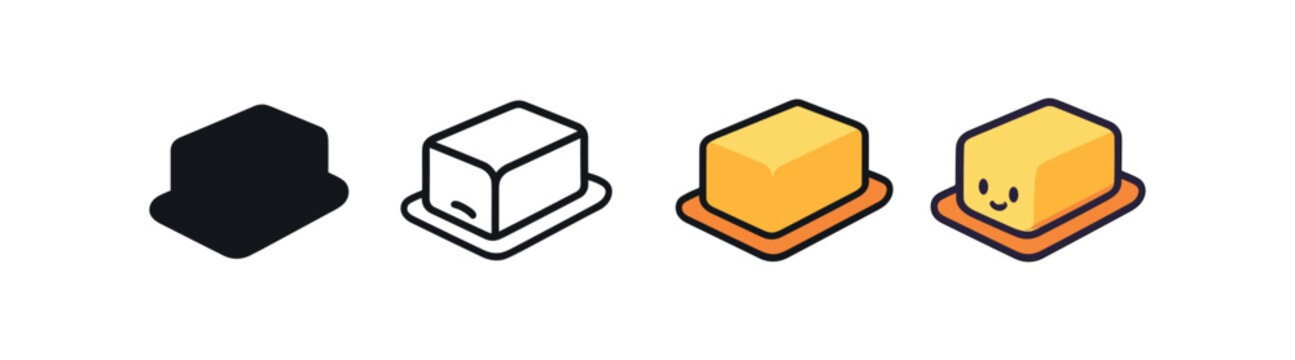 Vector icon butter block four styles black solid glyph outline minimal flat multicolor filled cartoon flat shaded.