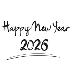 Casual, hand-drawn vector lettering with a Happy New Year 2026 greeting. This whimsical text is cleanly isolated on a white background, making it perfect for social media banners or holiday cards.