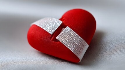 A shiny, red heart-shaped ornament adorned with sparkling details rests on a neutral-colored surface, creating a romantic and intimate composition.