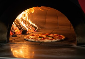 Pizza baking in a wood-fired oven