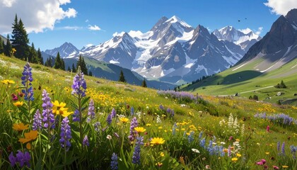 Scenic mountain landscape with wildflowers in the foreground and snow-capped peaks in the distance.