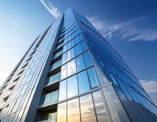 Modern Glass Skyscraper with Balconies Against a Cloudy Sky Reflecting Sunlight Urban Architecture Perspective View Contemporary Building Design