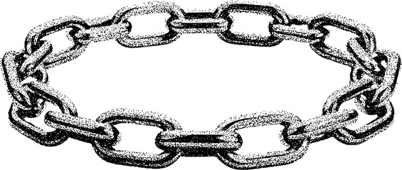 A circular chain of thick, textured links in a stippled black and white illustration