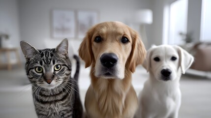 A heartwarming image of a group of pets, including a golden retriever, a tabby cat, and a white Labrador, sitting together in a comfortable living room setting.