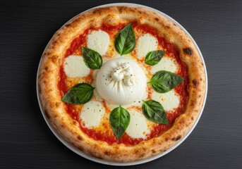 Delicious pizza topped with fresh basil and creamy burrata cheese on a plate.