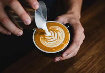 Barista pouring milk into a cup of coffee, creating latte art.