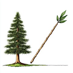 Detailed Botanical Illustration of Coniferous Tree and Deciduous
