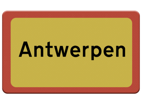 Digital composite..Road sign for the city of Antwerpen.naambord, name, place, antwerp.Png file.