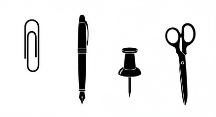 Minimalist Black and White Office Stationery Icons: Paperclip, Pen, Pushpin, Scissors Silhouette Set