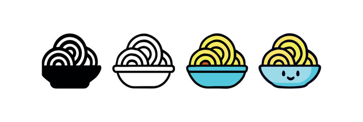 Vector icon spaghetti plate four styles black solid glyph outline minimal flat multicolor filled cartoon flat shaded.