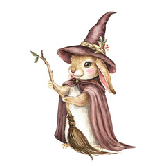 Сute Halloween bunny in wizard's costume with broomstick. Rabbit in witch hat and mantle. Wild forest animal. Hand drawn watercolor illustration isolated on white. Kids magic print, poster, design.