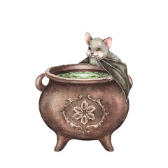 Сute smiling bat sitting on vintage witch's cauldron with green potion. Hand drawn watercolor illustration isolated on white. Kids print for Halloween decor, magic design, postcard, poster, sticker.
