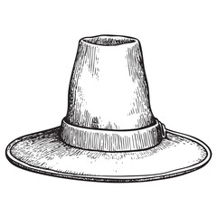 Engraved-style drawing of a Pilgrim hat.