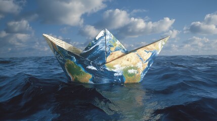 Fototapeta premium Paper boat with world map design floating on ocean waves under a cloudy sky