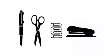 Office stationery supplies vector icon set: pen, scissors, paper clips, stapler on white.
