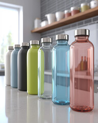 Reusable water bottles displayed on a kitchen counter in a modern home setting with natural light coming in through a window