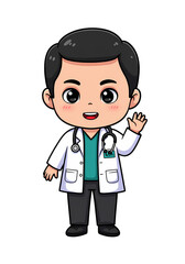 Cute Cartoon Doctor Character Waving Hand png clear alpha channel cutout isolated on transparent background