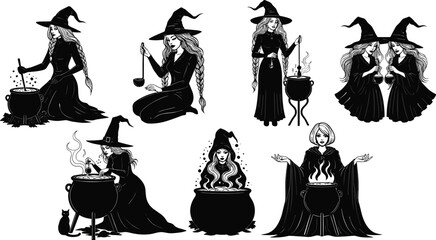 Naklejka premium Witches brewing potions in cauldrons with magical spells, black cat, and mystical fire Halloween fantasy vector illustration silhouette design.