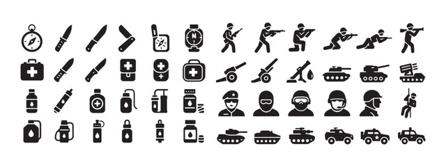 Military equipment and items icons. Military technology icons