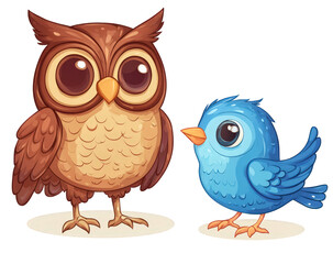 Cartoon illustration of a wiselooking brown owl standing next to a cute blue bird, isolated on transparent background, showcasing a charming animal duo