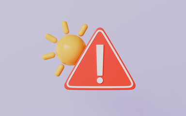 Sun warning icon, High temperature warning sign, Exclamation mark, Hot summer day, climate change concept